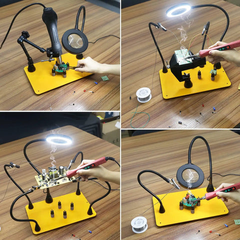 Magnetic Helping Hands Soldering Clamp With 3x Magnifying Lamp, 360 Degree Arm Holding PCB on Heavy Duty Base Plate