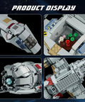 Close-up views of Epic Sci-Fi Spaceship Building Set For Adults, showing cockpit, interior details, propellers, and landing gear.