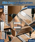 Premium 5MM Shelf Pin Drilling Jig With Adjustable Indexing Guide And Dual Self Centering Bits For Dead On Alignment in use for cabinet assembly.