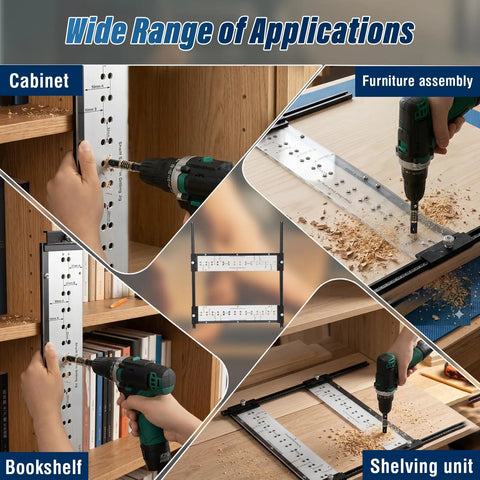Premium 5MM Shelf Pin Drilling Jig With Adjustable Indexing Guide And Dual Self Centering Bits For Dead On Alignment in use for cabinet assembly.