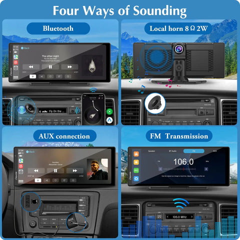 Four sound modes illustration on Slick Wireless CarPlay And Android Auto Dash Cam System with Bluetooth, horn, AUX, FM options.