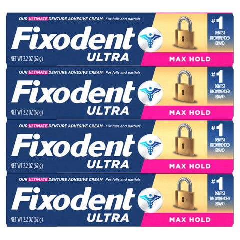 Ultra Max Hold Denture Adhesive Cream For Full And Partial Dentures 2.2oz Tubes Pack Of Four All Day Grip That Keeps Food Particles Out Comfortable Fit