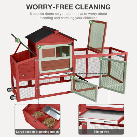 Mobile Chicken Coop On Wheels For Four To Six Hens With Run, Large Outdoor Hen House With Weatherproof Asphalt Roof, Access Doors Open