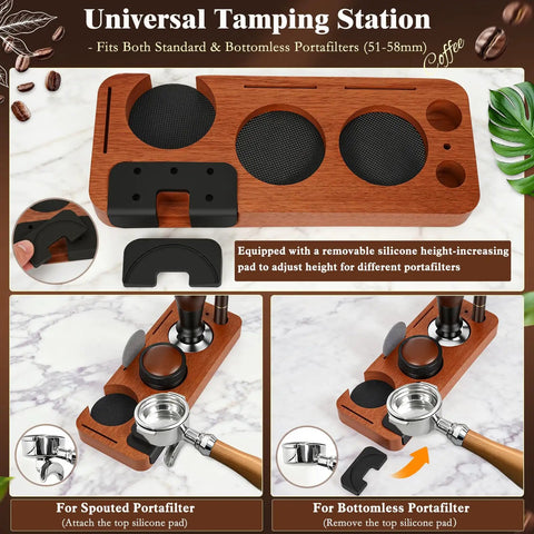 Universal Tamping Station designed for 51-58mm portafilters, featuring adjustable silicone pads for optimal use.