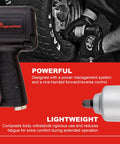 Heavy-Duty 1/2 Inch Composite Air Impact Wrench With Twin-Hammer Power in use on tire, showing rugged housing and ergonomic design.