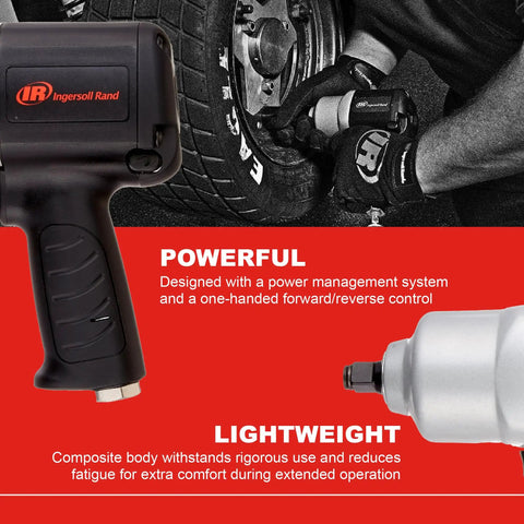 Heavy-Duty 1/2 Inch Composite Air Impact Wrench With Twin-Hammer Power in use on tire, showing rugged housing and ergonomic design.