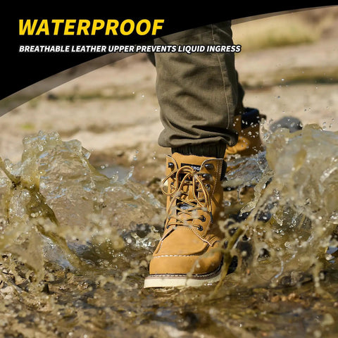 Mens Steel Toe Work Boots Waterproof Moc Toe Safety Boots Non Slip Construction Boots Indestructible Western Style Wheat US 10.5 Size in muddy water