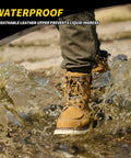 Man wearing 6 Inch Moc Toe Steel Toe Work Boots For Men Waterproof Leather Upper Non Slip Outsole Safety Boots For Construction Heavy Duty Western Wheat US Size 11 All Day Comfort walking through water.