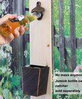Antique Gold Cast Iron Wall Mounted Beer Bottle Opener With Rustic Hand Painted Finish Built For A Badass Backyard Bar Setup And Heavy Duty Outdoor Bottle Puller in action on wood panel.