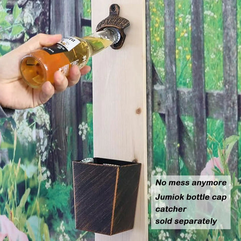 Antique Gold Cast Iron Wall Mounted Beer Bottle Opener With Rustic Hand Painted Finish Built For A Badass Backyard Bar Setup And Heavy Duty Outdoor Bottle Puller in action on wood panel.
