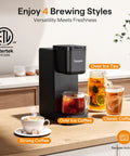 All In One Compact Coffee Maker For K Cup Pods Ground Coffee And Tea Leaves Brews Dope Hot Bold And Over Ice In 6 To 16 Oz Sizes Perfect For Small Kitchens Dorm Rooms Or Office Black Version Two brewing four different coffee styles on a kitchen counter