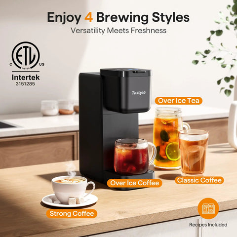 All In One Compact Coffee Maker For K Cup Pods Ground Coffee And Tea Leaves Brews Dope Hot Bold And Over Ice In 6 To 16 Oz Sizes Perfect For Small Kitchens Dorm Rooms Or Office Black Version Two brewing four different coffee styles on a kitchen counter