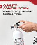 Kitchen Fire Extinguisher For Home Use, Easy Pull Pin, All Metal Valve, Rust Resistant Handle, lightweight aluminum, close-up