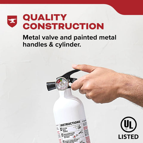 Kitchen Fire Extinguisher For Home Use, Easy Pull Pin, All Metal Valve, Rust Resistant Handle, lightweight aluminum, close-up
