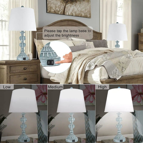 Set Of 2 Touch Control Table Lamps, 3 Way Dimmable Bedside Lamps With USB Ports, Coastal Farmhouse style, bedroom setting, brightness levels shown.