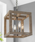 Casual Chic Four Light Square Chandelier With Weathered Brown Wood And Dark Iron Accents hanging in modern farmhouse dining room