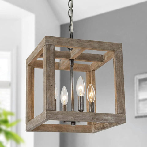 Casual Chic Four Light Square Chandelier With Weathered Brown Wood And Dark Iron Accents hanging in modern farmhouse dining room