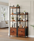 4 Tier Bookshelf With Fabric Drawer And Industrial Wood And Metal Storage Shelf Space Saver For Small Rooms, decorated with books and plants