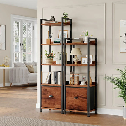 4 Tier Bookshelf With Fabric Drawer And Industrial Wood And Metal Storage Shelf Space Saver For Small Rooms, decorated with books and plants