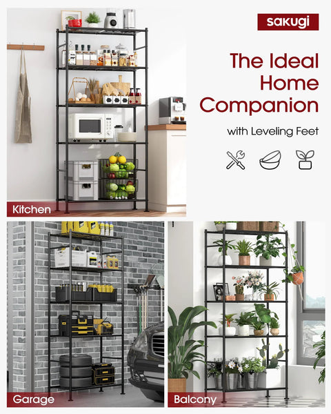 5-Tier Wire Shelving Unit With 360-Degree Wheels And Adjustable Leveling Feet, Heavy-Duty Garage Storage Shelf, displayed in various rooms