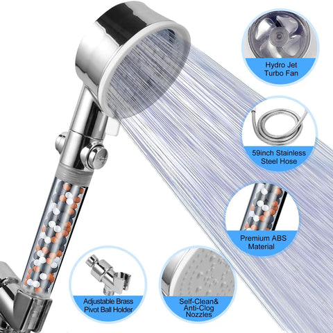 High Pressure Handheld Filtered Shower Head With 59 Inch Stainless Hose, brass bracket, 6 spray modes, chrome finish