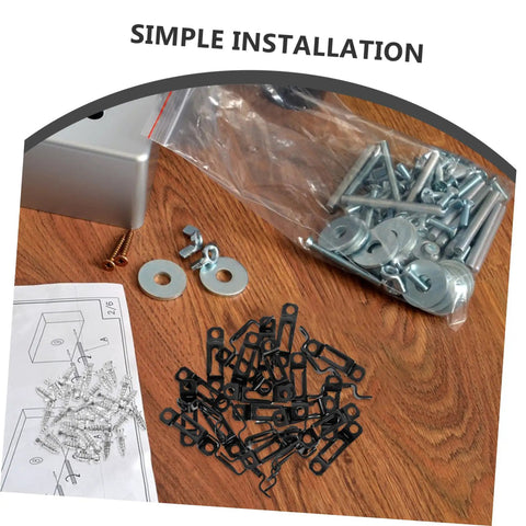 Dead Simple 30 Piece Heavy Duty Metal Furniture Joint Snap Connectors For Sofa Cabinet Assembly No Sweat Tool Free Setup For Smooth Diy Wood Fix Projects laid out with screws, washers, and installation guide on wood surface.