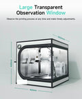 Compact 3D Printer Enclosure With LED Lighting For A1 Mini 46x46x55cm showing large transparent observation window and dimensions.