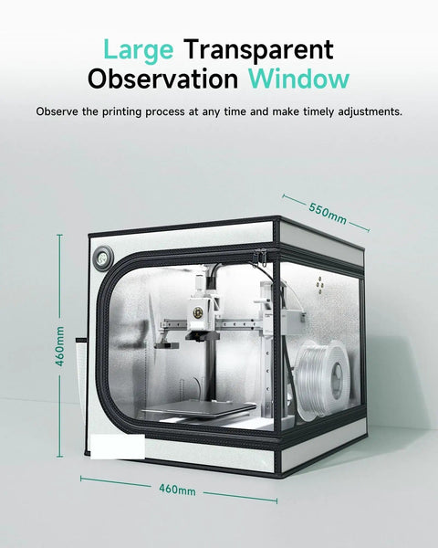 Compact 3D Printer Enclosure With LED Lighting For A1 Mini 46x46x55cm showing large transparent observation window and dimensions.