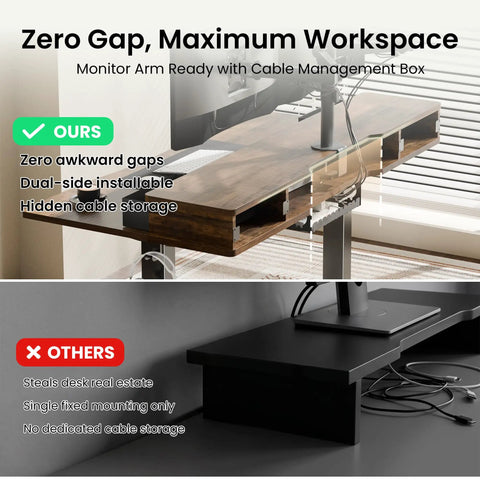 Realbear 48 By 24 Inch Electric Standing Desk With Two Convenient Drawers And A Dual Monitor Shelf showcasing zero gap design and cable management.