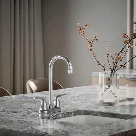 Jolt 2-Handle Bar Faucet Polished Chrome Deck Mounted Widespread 3-Hole Kitchen Sink Faucet with all metal construction in modern kitchen