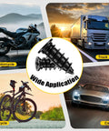 76 Piece Tire Repair Kit With Premium Spiral Screw In Plugs, shown with car, truck, motorcycle, and bicycle images