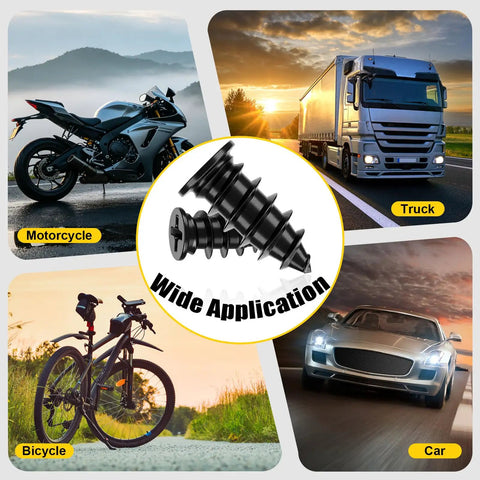 76 Piece Tire Repair Kit With Premium Spiral Screw In Plugs, shown with car, truck, motorcycle, and bicycle images