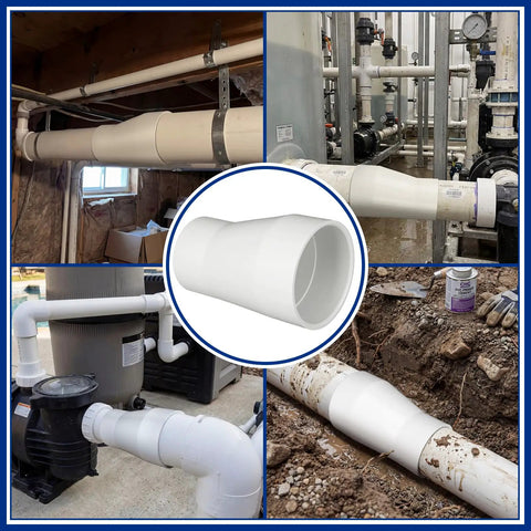 Installation views of 3 Pack 4 By 3 Inch PVC Pipe Fittings Eccentric Reducer Coupling Schedule 40 High Flow For Pool Spa DIY Plumbing Irrigation.