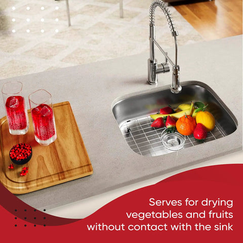 Premium Stainless Steel Sink Protector Set in use with 13x16 grate holding fruits in a double bowl kitchen sink