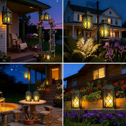 Outdoor Solar Lanterns 14 Inch Hanging LED Lights, 2 Pack with flickering flame look on porches and gardens at night
