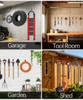Heavy Duty Garage Wall Hooks 31 Pack Anti Slip PVC Coated Steel Wall Mount Organizer for Ladders Yard Tools Shovels Weed Eaters Hoses and Bulk Gear Built Tough 77 lb Load Capacity Orange displayed in garage, tool room, garden, and shed settings.