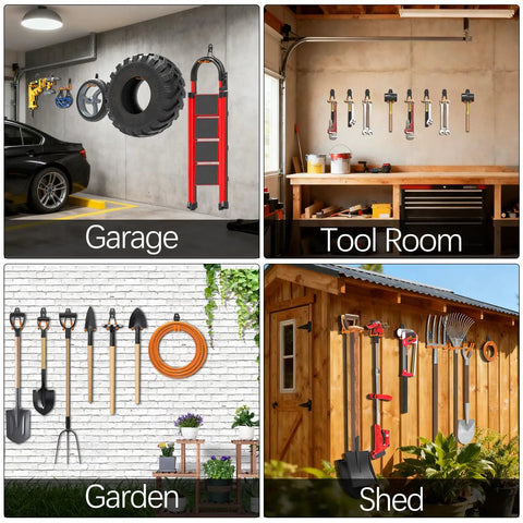 Heavy Duty Garage Wall Hooks 31 Pack Anti Slip PVC Coated Steel Wall Mount Organizer for Ladders Yard Tools Shovels Weed Eaters Hoses and Bulk Gear Built Tough 77 lb Load Capacity Orange displayed in garage, tool room, garden, and shed settings.