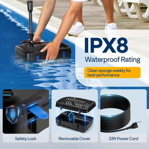 All In One Pond Filter Fountain System Kit with 260 GPH Submersible Pump for Ponds Up to 790 Gallons, showcasing IPX8 waterproof rating