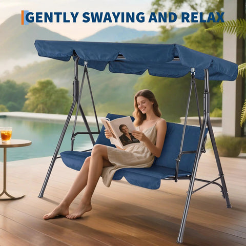 Woman relaxing on Three Seat Outdoor Swing Chair With Adjustable Canopy Stable Metal Frame Heavy Duty Stand Perfect Backyard Patio And Lawn Seating For Adults Blue Built For Comfort And Easy Year Round Kick Back Relaxation In The Sun