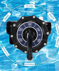 Top Mount Multiport Valve 2 Inch 6 Position Pool Filter Control Valve Replacement 263085 front view showing settings