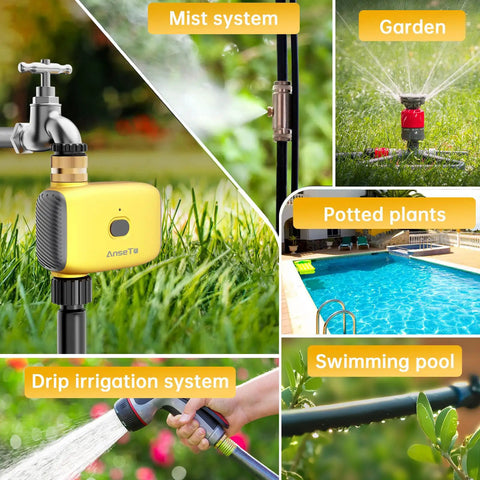 Smart WiFi Hose Timer For Garden And Lawn Irrigation With 1 Outlet Brass Swivel Inlet App Remote Control shown in garden setup