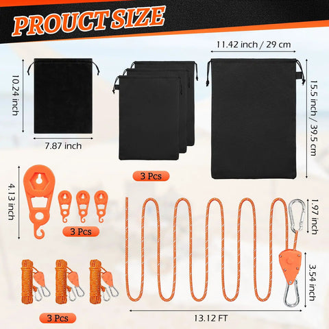 Three Pack Beach Shade Accessories Kit With Nylon Ropes And Ratchet Pulleys dimensions and components displayed