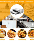 Stainless Steel Countertop Pizza Oven With Auto Shut Off, 12 Inch Capacity, 360 Degree Heating, shown in a kitchen countertop setting.
