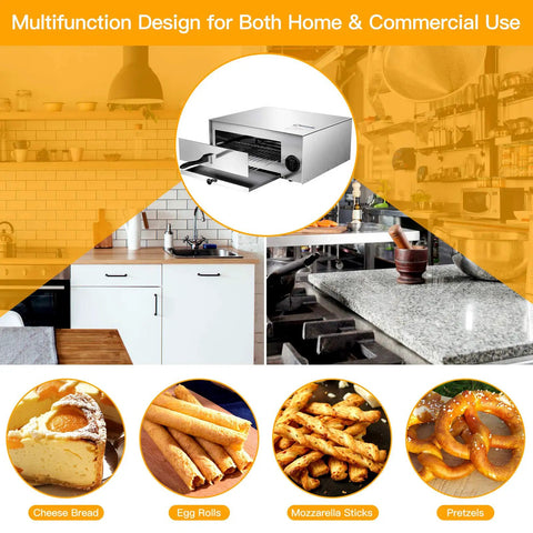 Stainless Steel Countertop Pizza Oven With Auto Shut Off, 12 Inch Capacity, 360 Degree Heating, shown in a kitchen countertop setting.