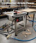 Table saw connected to 100 Ft Outdoor Extension Cord Heavy Duty 3 Prong Power Cable with 10/3 Gauge SJEOW Triple Outlet