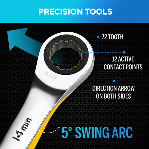 Ratcheting Wrench Set With Slim Profile 26 Piece Metric And Standard Wrenches For Auto Repair Mechanical Work And DIY Home Projects Pro Grade Chrome Vanadium Build With Rack Organizer wrench head showing 72 tooth design.