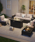 Outdoor Patio Furniture Set With 44 Inch Fire Pit Table 7 Piece Sectional 4 Inch Thick Cushions Wide Armrests Wicker Frame
