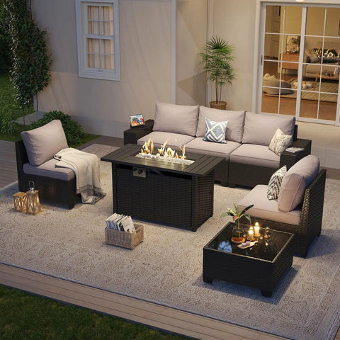 Outdoor Patio Furniture Set With 44 Inch Fire Pit Table 7 Piece Sectional 4 Inch Thick Cushions Wide Armrests Wicker Frame