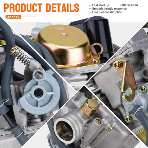 GY6 Carburetor PD24J 24mm for 125cc to 150cc 4 stroke engines, electric choke, features close-up details.