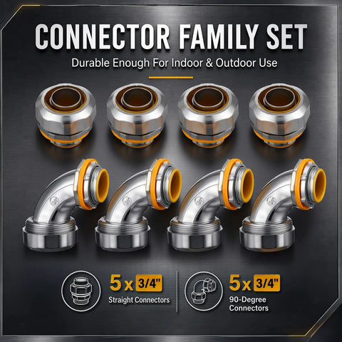 10 Piece Liquid Tight Conduit Connector Pack Includes 3/4 Inch Straight Fittings And Ninety Degree Elbows, durable metal construction.